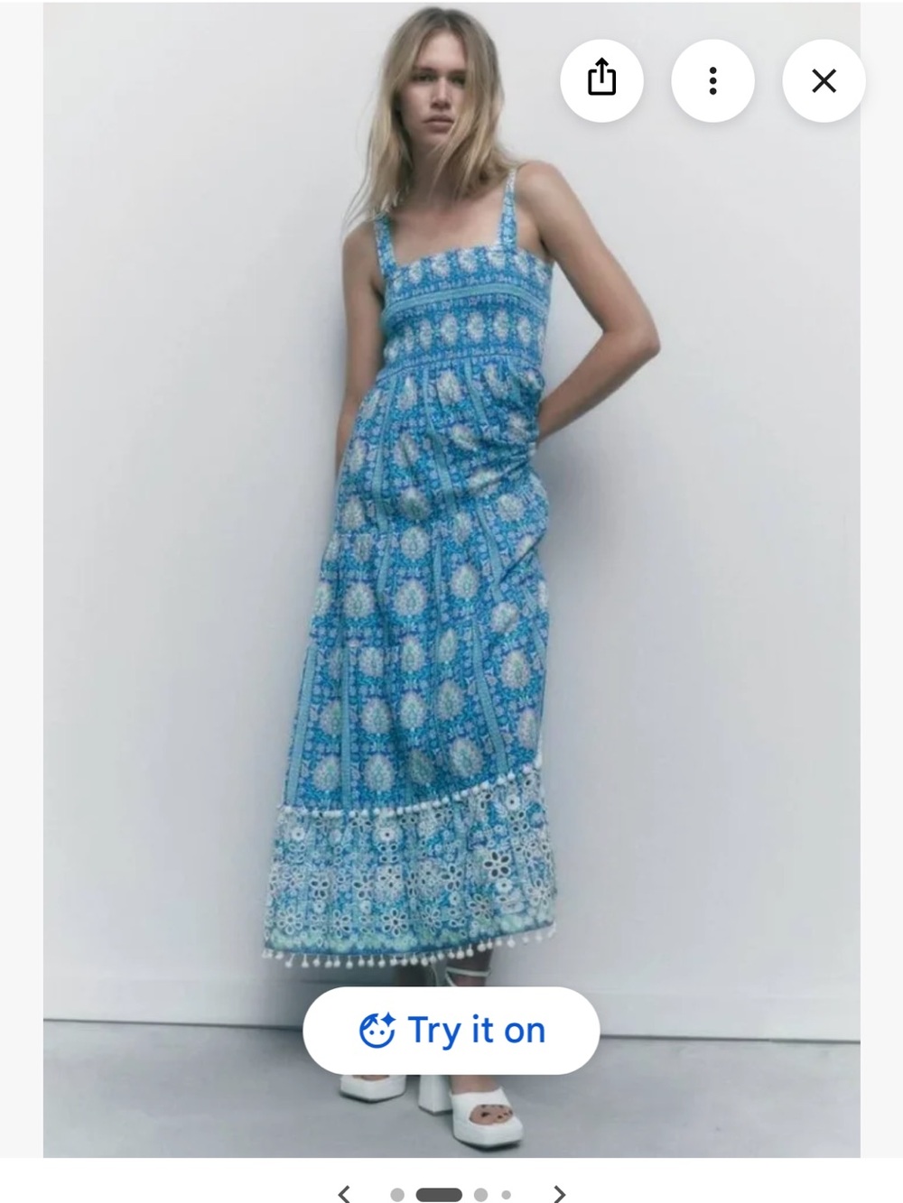 Zara Blue Floral Maxi Dress. Smocked tiered with Pom Pom Hem